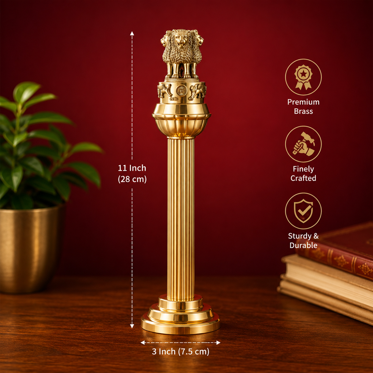 Premium Handcrafted Pure Brass Ashok Stambh Pillar (11 Inch)