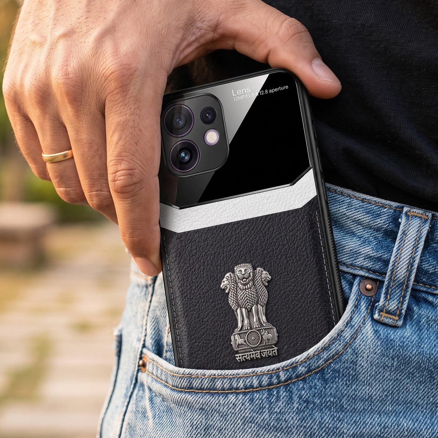 Oppo Reno 16 5G Satyamev Jayate 3D Metal Leather Back Case